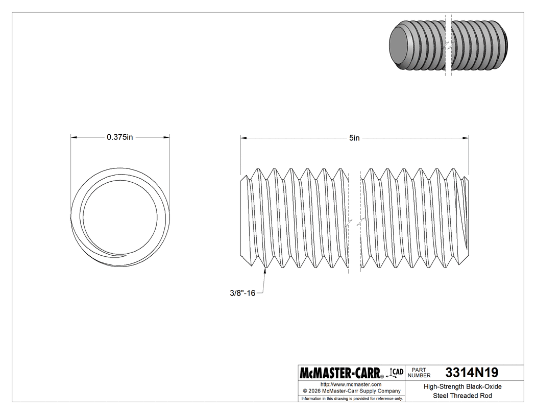 Technical Drawing of High-Strength Black-Oxide Steel Threaded Rod, 3/8"-16 Thread Size, 5" Long.